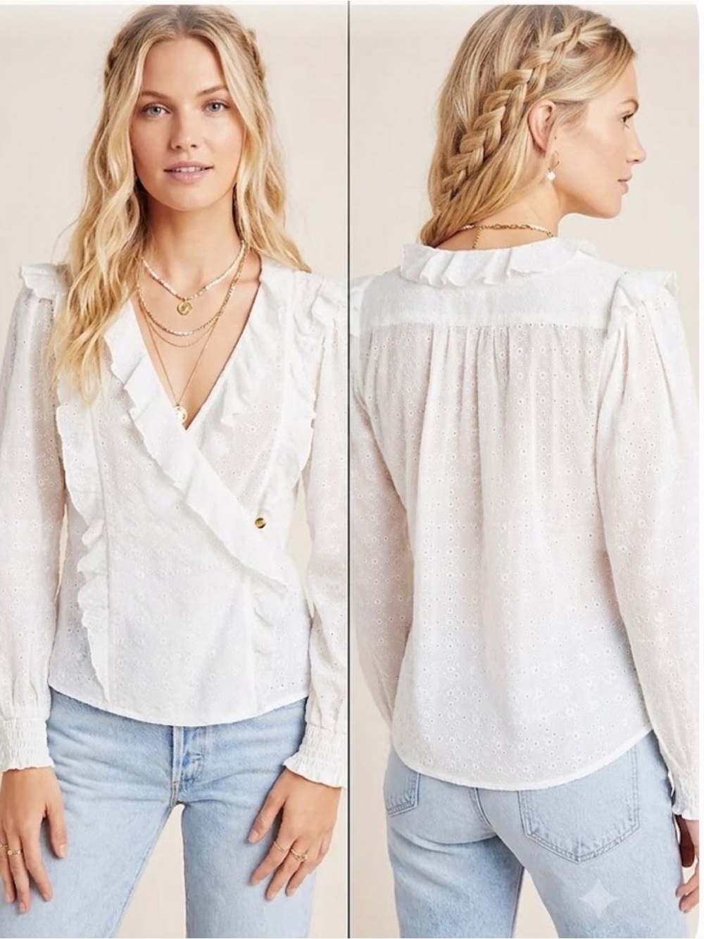 Anthropologie Maeve Cream Boho Laila Eyelet Ruffle Wrap Blouse Cottonecofairy 8